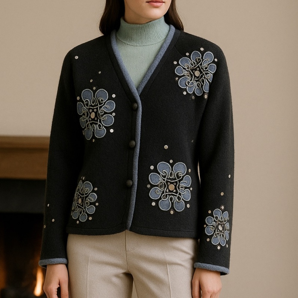 CoVelo Black Floral Embroidered Wool Blend Blazer Coat Womens Small Quiet Luxury
